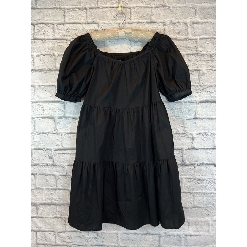 Who What Wear Dress Tiered Black Summer Cotton 3/4 Puff Sleeves Buttons XS P591